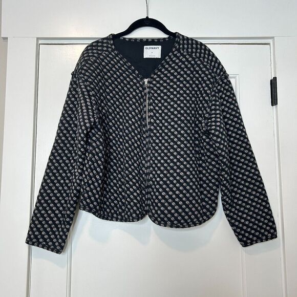 Old Navy Quilted Bomber Jacket Black Polka Dot Print Zip Up Size Medium - Picture 4 of 7